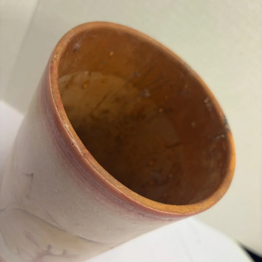 Pottery Barn Italy Ceramic Cylinder Vase Hand Painted‎ Scroll Terracotta 8.25